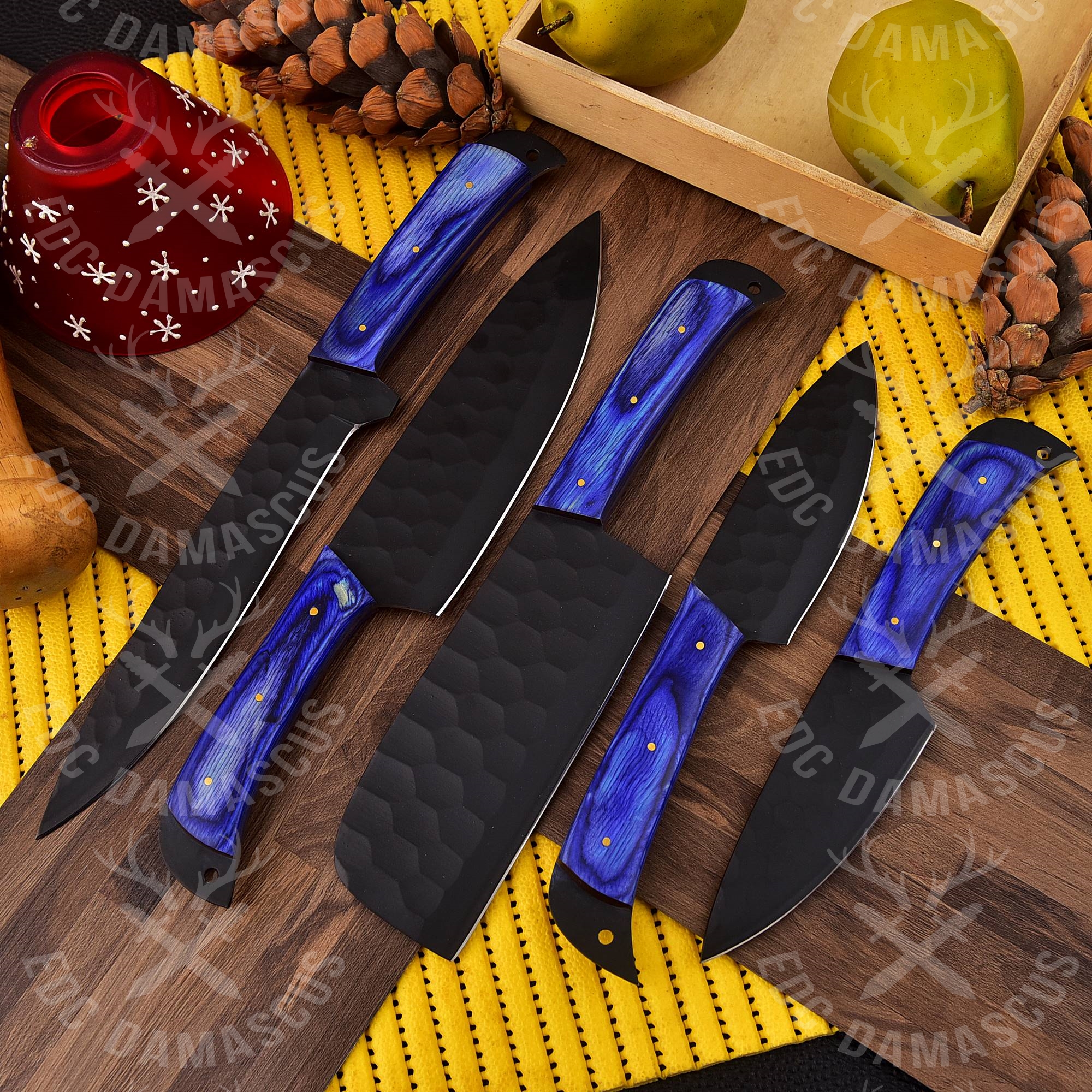 Carbon Steel Chef Knife Set With Rolling Leather Bag Purple