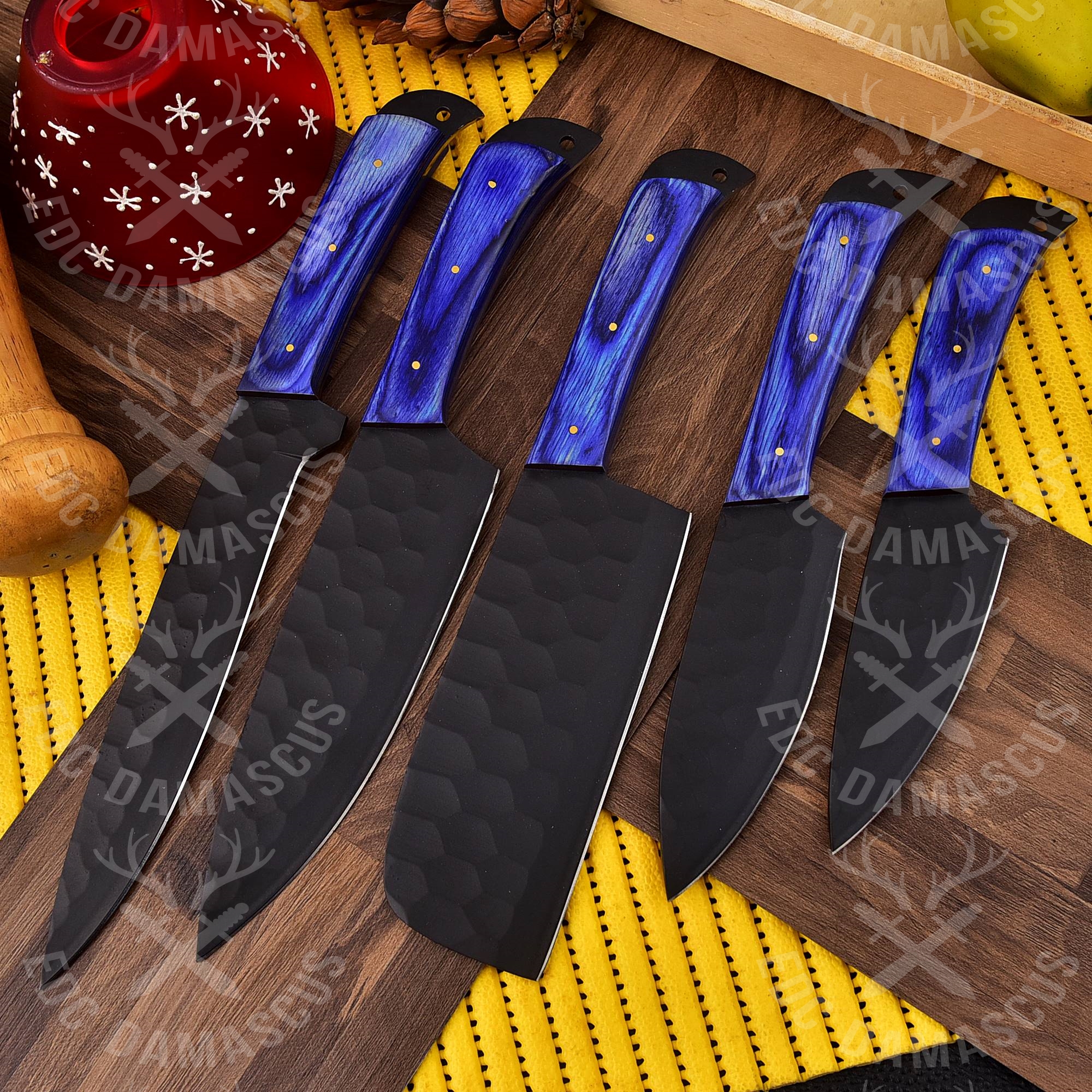 Carbon Steel Chef Knife Set With Rolling Leather Bag Purple