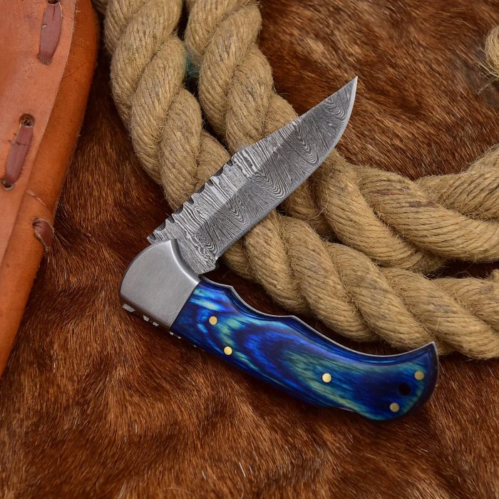 Damascus Folding Knife Blue