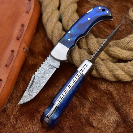 Damascus Folding Knife Blue