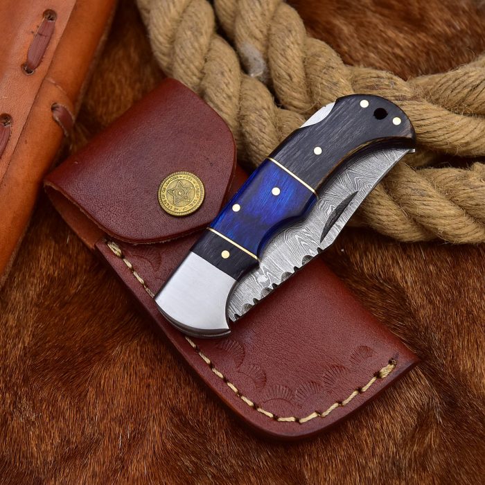 Damascus Spacer Folding Knife Blue