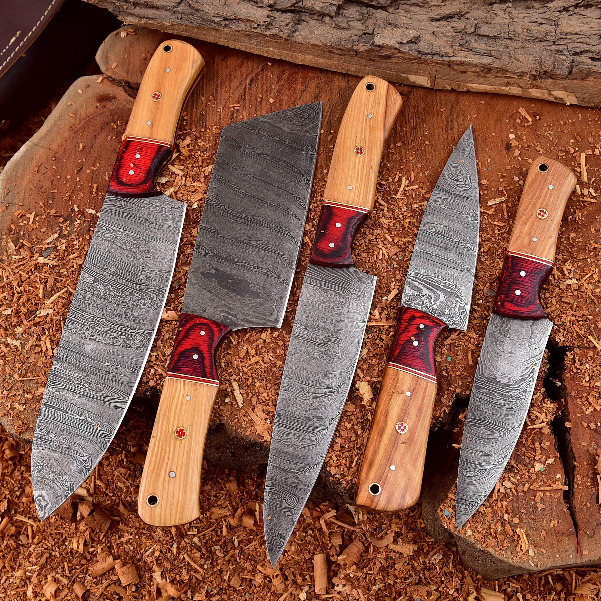 Handmade Damascus Steel Chef Knife Set With Rolling Bag Red