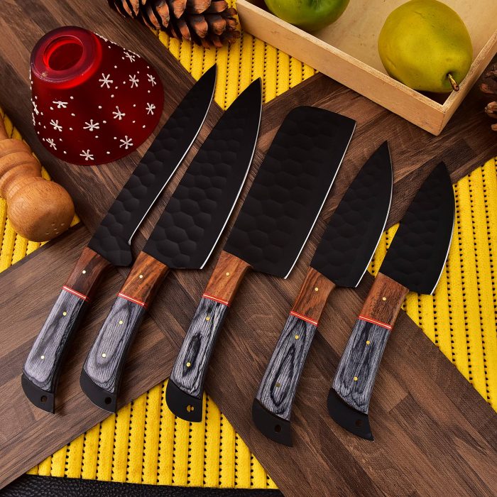 Carbon Steel Chef Knife Set With Rolling Leather Bag Gray