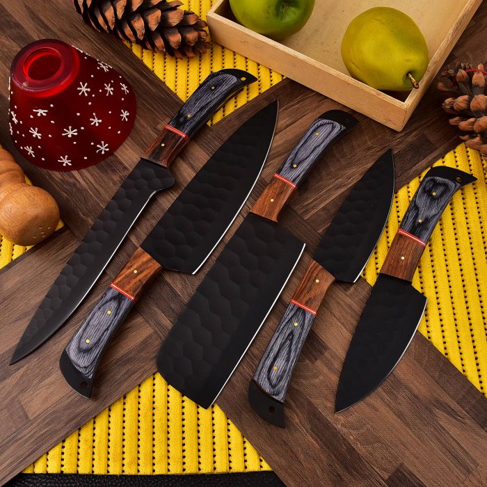 Carbon Steel Chef Knife Set With Rolling Leather Bag Gray