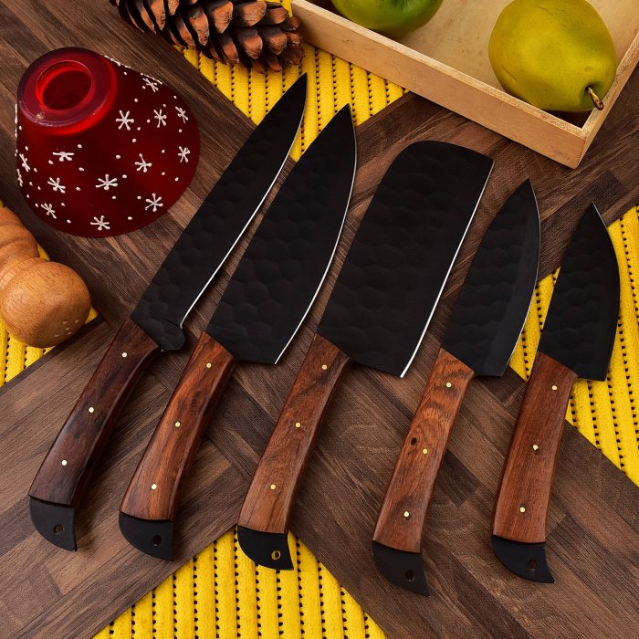 Carbon Steel Chef Knife Set With Rolling Leather Rosewood