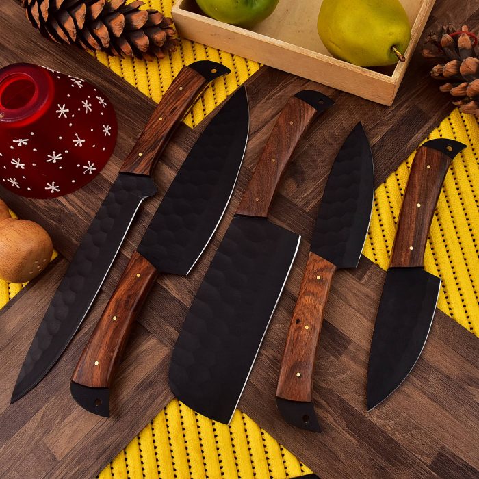 Carbon Steel Chef Knife Set With Rolling Leather Rosewood